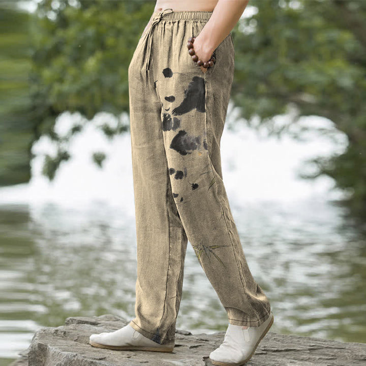 Buddha Stones Cotton Ink Panda Bamboo Pattern Men's Tapered Pants With Pockets - image 7