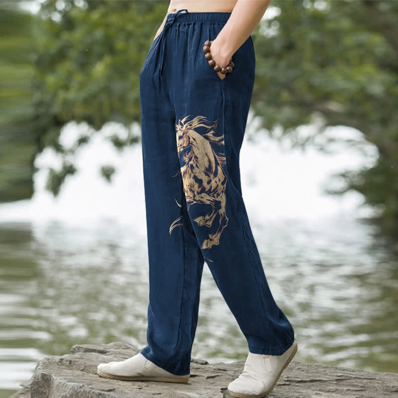 Buddha Stones Cotton Golden Running Horse Pattern Men's Tapered Pants With Pockets - image 1