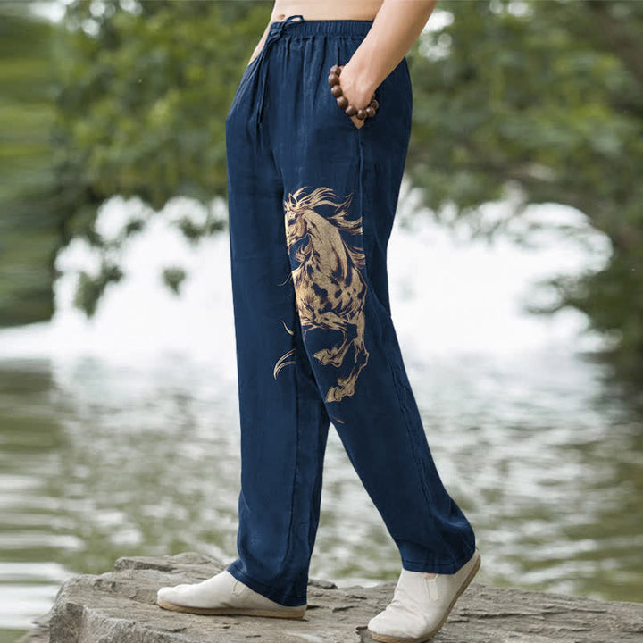 Buddha Stones Cotton Golden Running Horse Pattern Men's Tapered Pants With Pockets - image 1