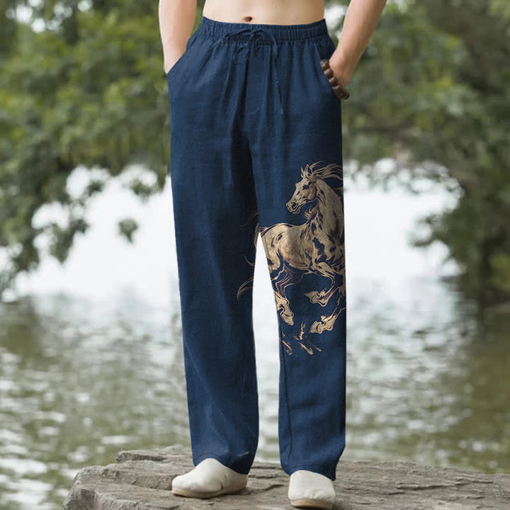 Buddha Stones Cotton Golden Running Horse Pattern Men's Tapered Pants With Pockets - Navy - US/UK/AU50，EU60 (5XL) - image 0