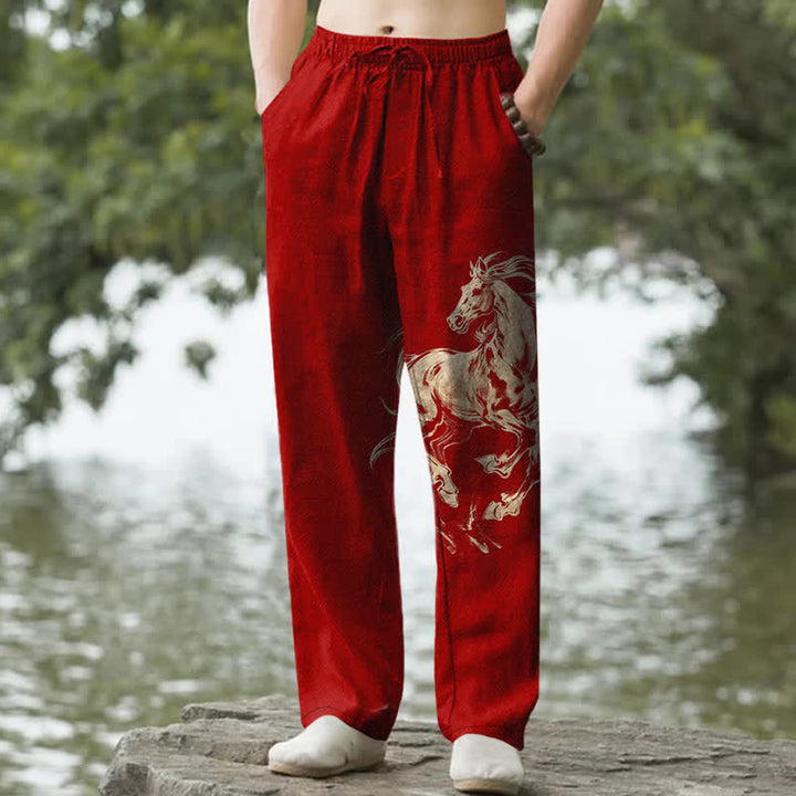 Buddha Stones Cotton Golden Running Horse Pattern Men's Tapered Pants With Pockets - Crimson - US/UK/AU50，EU60 (5XL) - image 6