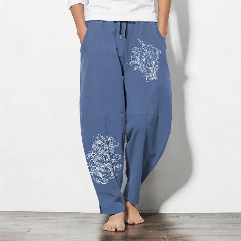 Buddha Stones Pure Cotton Koi Dragon Pattern Drawstring Men's Tapered Pants With Pockets - SteelBlue - US/UK/AU50，EU60 (5XL) - image 0