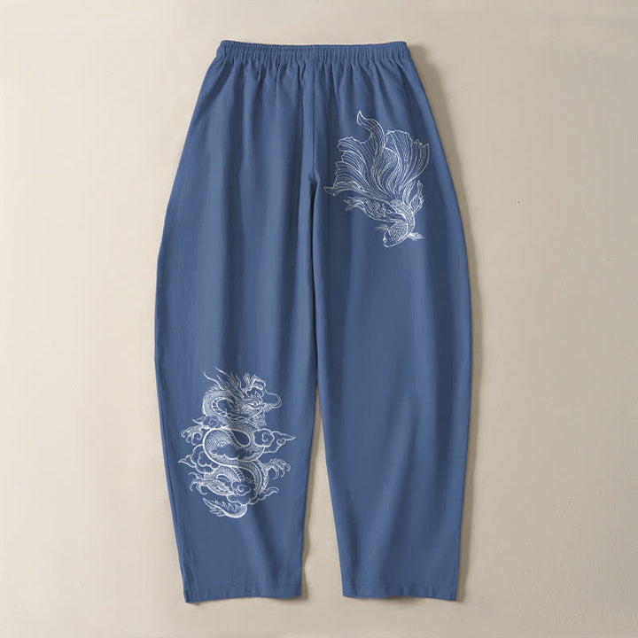 Buddha Stones Pure Cotton Koi Dragon Pattern Drawstring Men's Tapered Pants With Pockets - image 3
