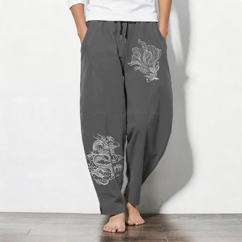 Buddha Stones Pure Cotton Koi Dragon Pattern Drawstring Men's Tapered Pants With Pockets - DimGray - US/UK/AU50，EU60 (5XL) - image 7