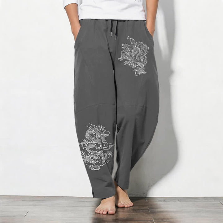 Buddha Stones Pure Cotton Koi Dragon Pattern Drawstring Men's Tapered Pants With Pockets - DimGray - US/UK/AU50，EU60 (5XL) - image 7