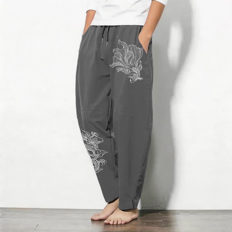 Buddha Stones Pure Cotton Koi Dragon Pattern Drawstring Men's Tapered Pants With Pockets - image 8