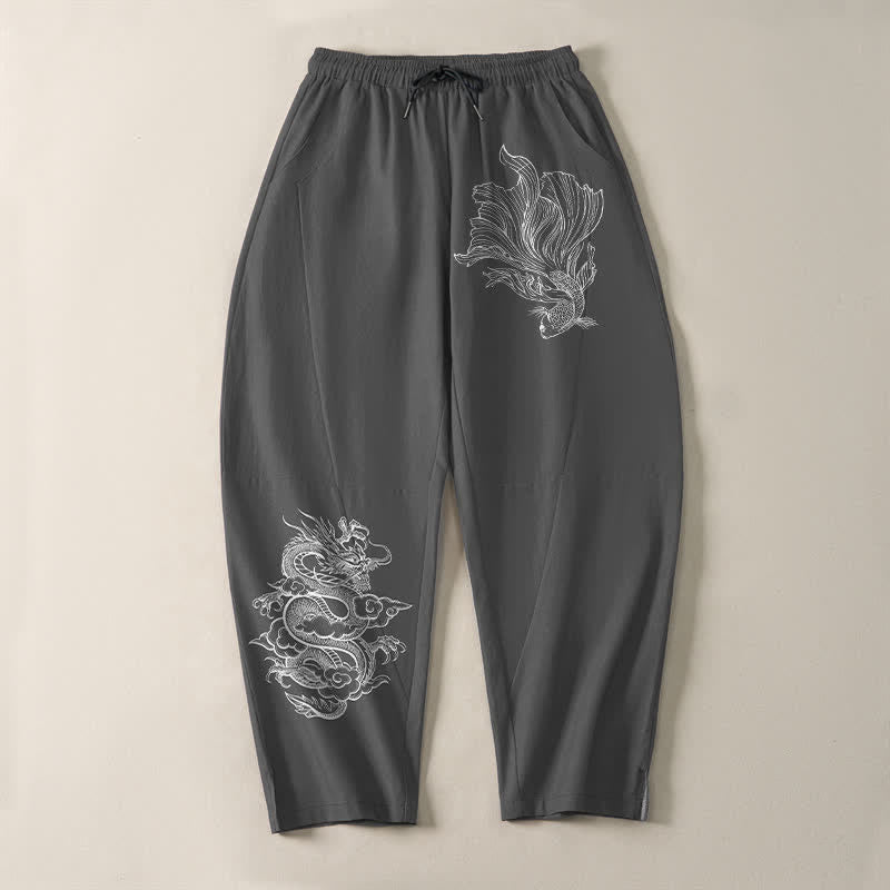 Buddha Stones Pure Cotton Koi Dragon Pattern Drawstring Men's Tapered Pants With Pockets - image 9