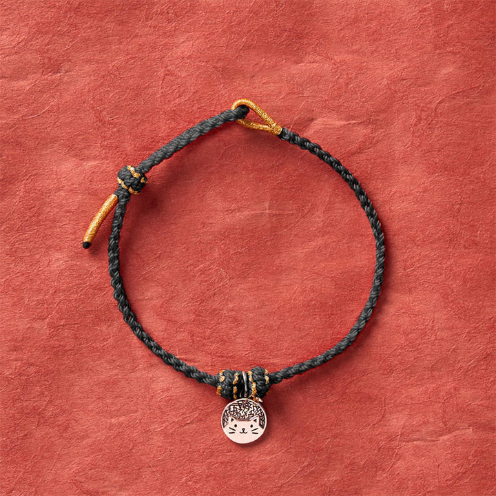 Buddha Stones 925 Sterling Silver Kitten Eating Fish Round Pendant Prosperity Red Black String Braided Bracelet - image 14