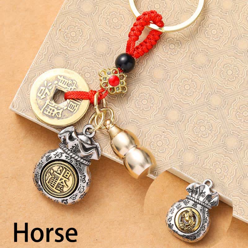 Buddha Stones Braided Red String Chinese Zodiac Five Emperor Coins Protection Keychains - Horse - image 13