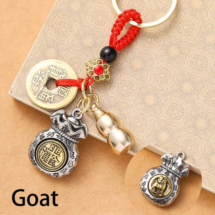 Buddha Stones Braided Red String Chinese Zodiac Five Emperor Coins Protection Keychains - Goat - image 14