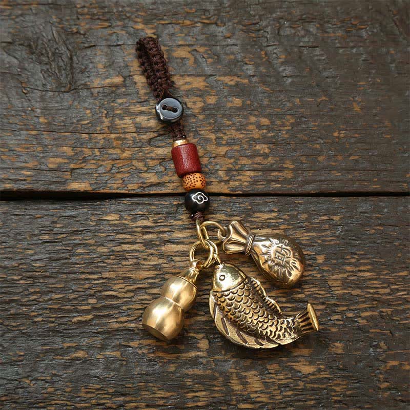 Buddha Stones Brass Koi Fish Gourd Five Emperor Coins Wealth Braided Keychains - Money Bag Gourd - image 13