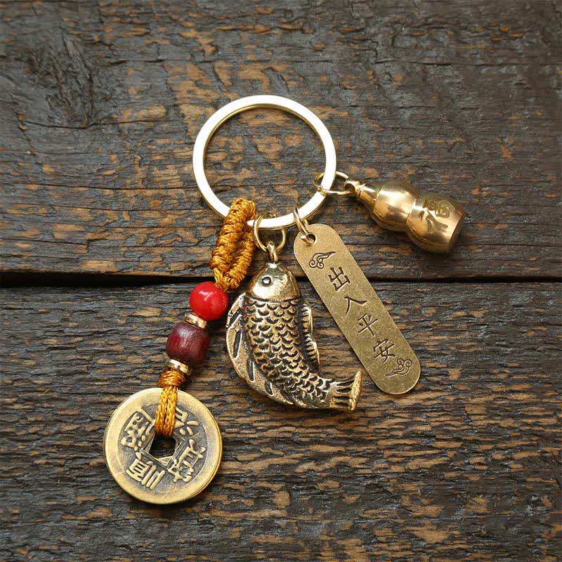 Buddha Stones Brass Koi Fish Gourd Five Emperor Coins Wealth Braided Keychains - Yellow String Coins Gourd - image 14