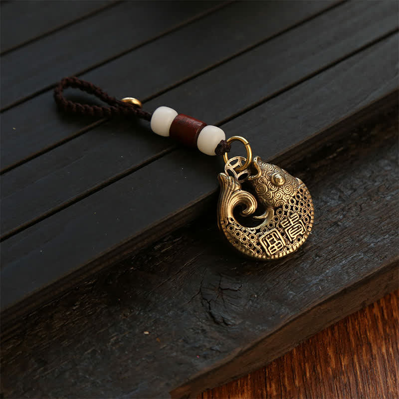 Buddha Stones Brass Koi Fish Success Braided Round Charm Keychains - image 1