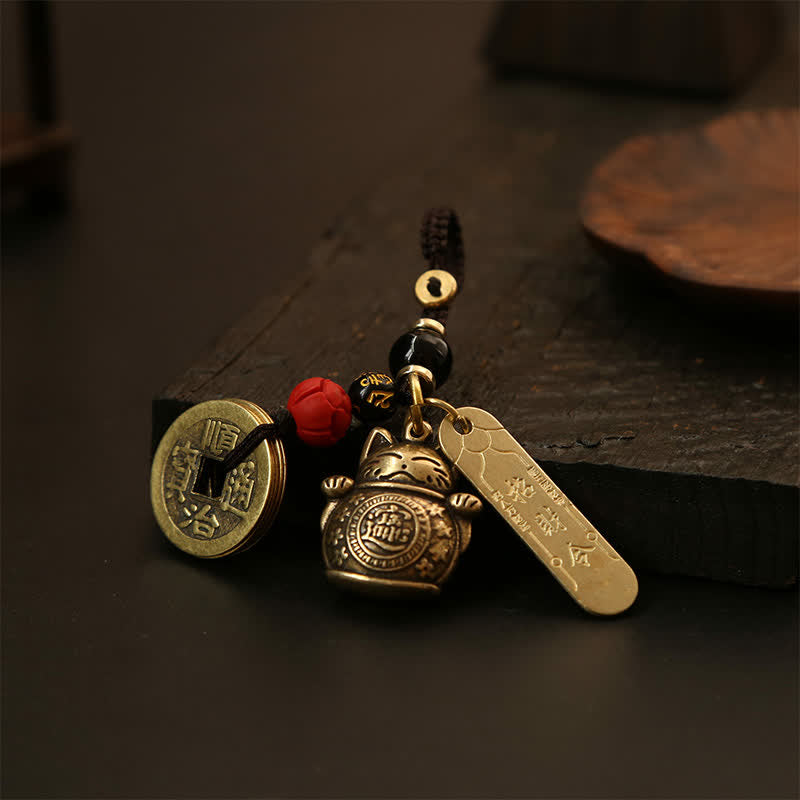 Buddha Stones Brass Lucky Cat Chinese Coin Wealth Keychains - image 4