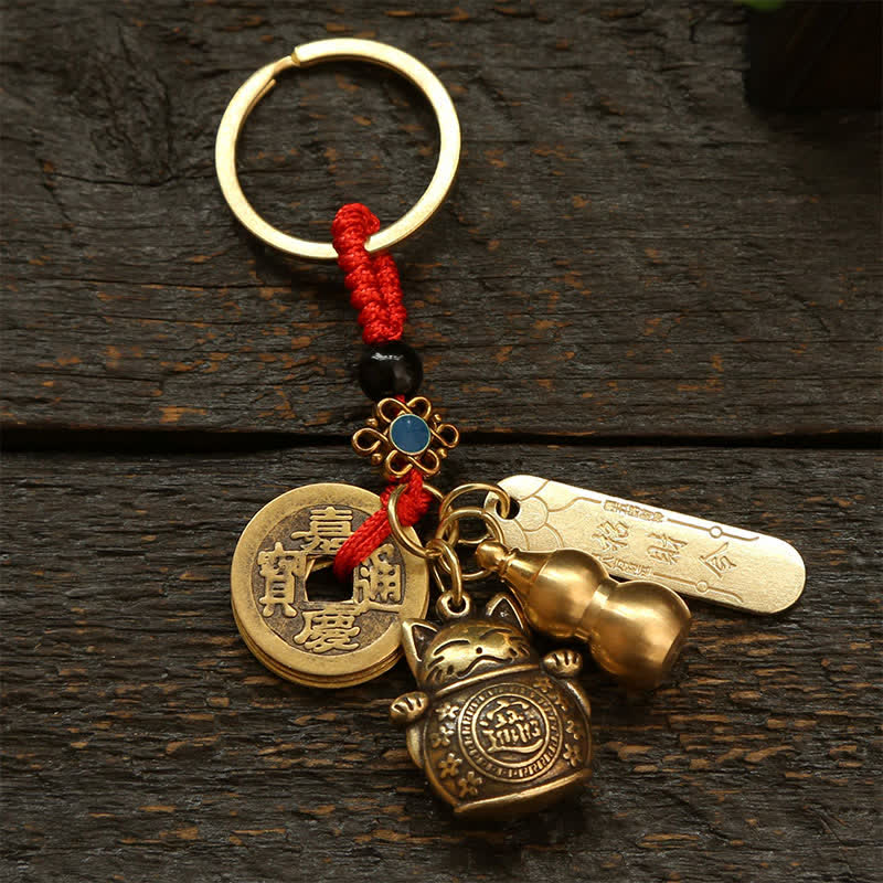Buddha Stones Brass Lucky Cat Chinese Coin Wealth Keychains - Red Cord Coins - image 0