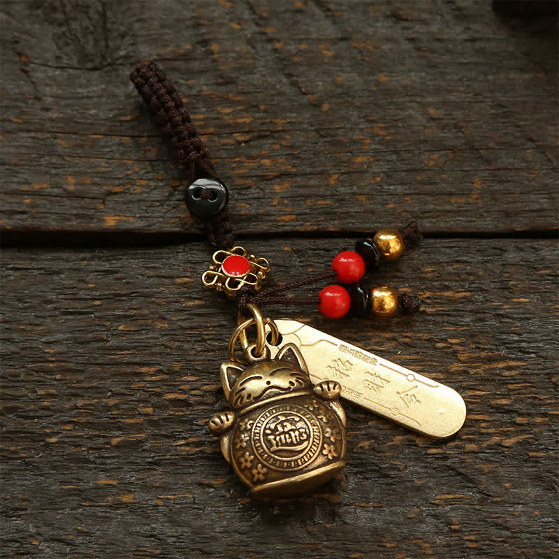 Buddha Stones Brass Lucky Cat Chinese Coin Wealth Keychains - Red Beads Coins - image 9