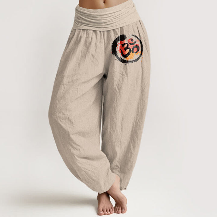 Buddha Stones Pure Cotton Black Circle Red Symbol Pattern Women's Elastic Waist Harem Pants - Tan - US16，UK/AU20，EU48 (3XL) - image 0