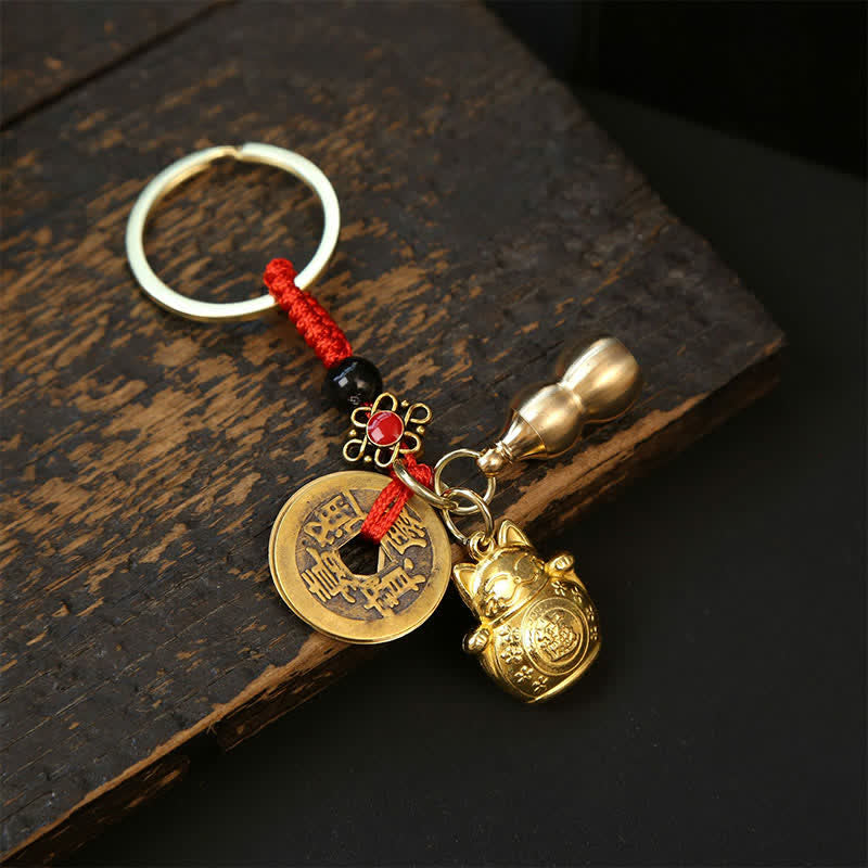 Buddha Stones Copper Lucky Cat Chinese Coin Gourd Pi Xiu Braided Keychains - Red Cord Gourd Coins - image 4