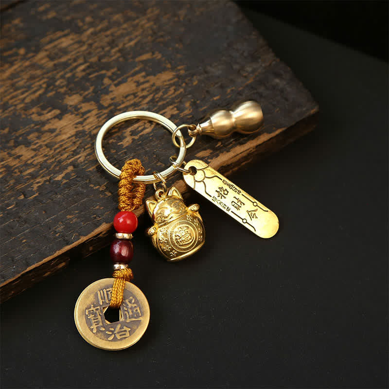 Buddha Stones Copper Lucky Cat Chinese Coin Gourd Pi Xiu Braided Keychains - Yellow Cord Gourd Coins - image 9