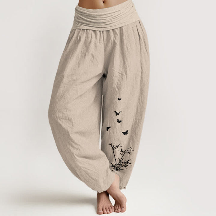 Buddha Stones Pure Cotton Butterfly Bamboo Leaf Pattern Women's Elastic Waist Harem Pants - Tan - US16，UK/AU20，EU48 (3XL) - image 14