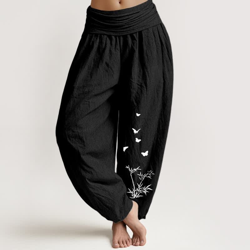 Buddha Stones Pure Cotton Butterfly Bamboo Leaf Pattern Women's Elastic Waist Harem Pants - Black - US16，UK/AU20，EU48 (3XL) - image 11