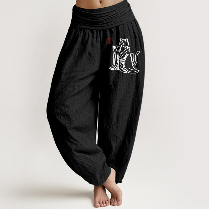 Buddha Stones Pure Cotton Zen Cat Pattern Women's Elastic Waist Harem Pants - Black - US16，UK/AU20，EU48 (3XL) - image 14