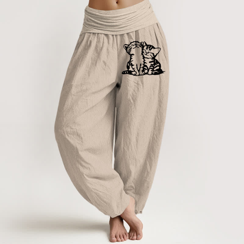 Buddha Stones Pure Cotton White Cat Pattern Women's Elastic Waist Harem Pants - Tan - US16，UK/AU20，EU48 (3XL) - image 14