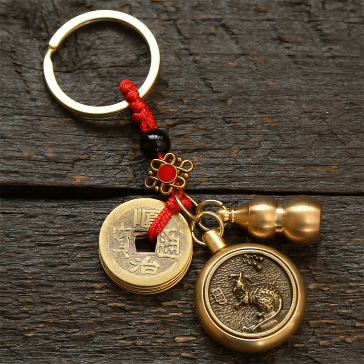 Buddha Stones Copper Chinese Zodiac Five Emperor Coins Red String Wealth Keychains - Rat - image 1