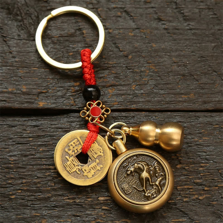 Buddha Stones Copper Chinese Zodiac Five Emperor Coins Red String Wealth Keychains - Tiger - image 3