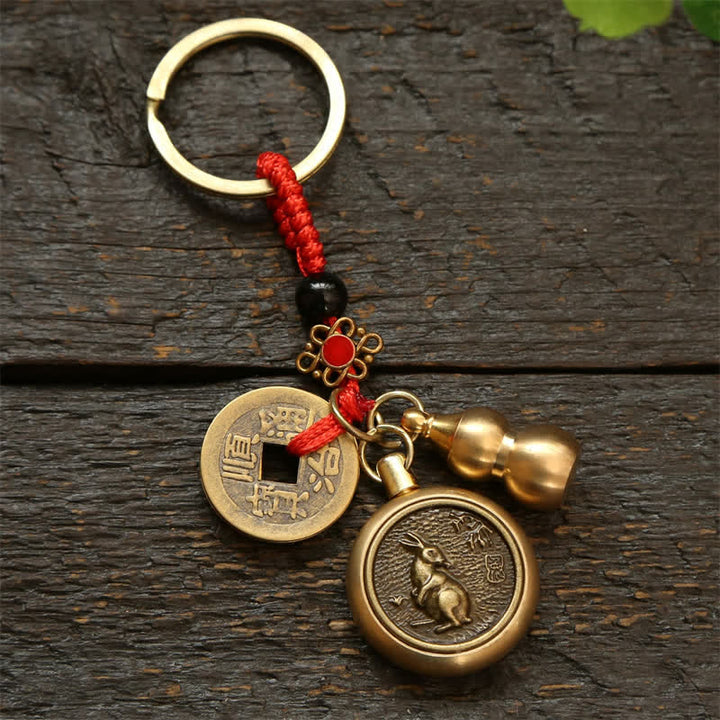 Buddha Stones Copper Chinese Zodiac Five Emperor Coins Red String Wealth Keychains - Rabbit - image 11