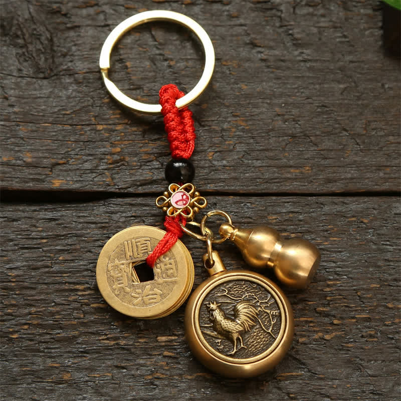 Buddha Stones Copper Chinese Zodiac Five Emperor Coins Red String Wealth Keychains - Rooster - image 17