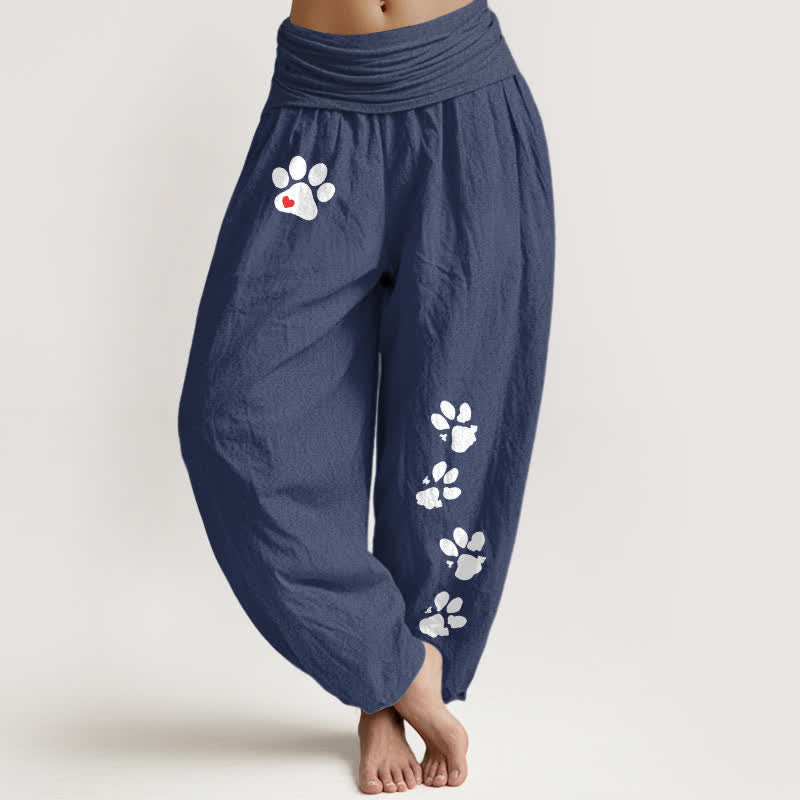 Buddha Stones Pure Cotton White Paw Print Pattern Women's Elastic Waist Harem Pants - DarkSlateBlue - US16，UK/AU20，EU48 (3XL) - image 11