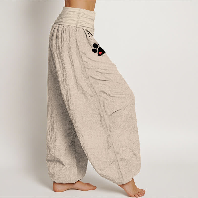 Buddha Stones Pure Cotton White Paw Print Pattern Women's Elastic Waist Harem Pants - image 15