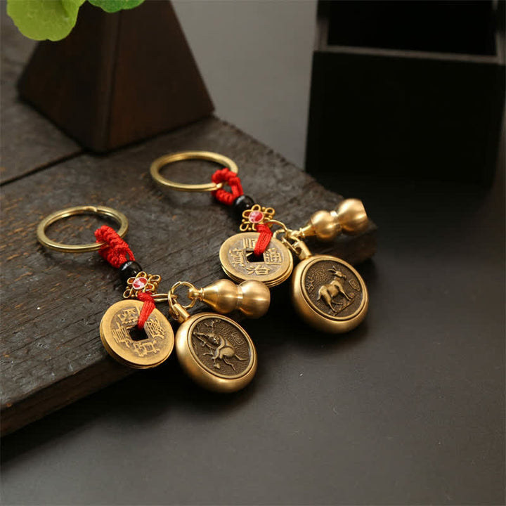 Buddha Stones Copper Chinese Zodiac Five Emperor Coins Red String Wealth Keychains - image 21