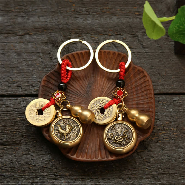 Buddha Stones Copper Chinese Zodiac Five Emperor Coins Red String Wealth Keychains - image 23