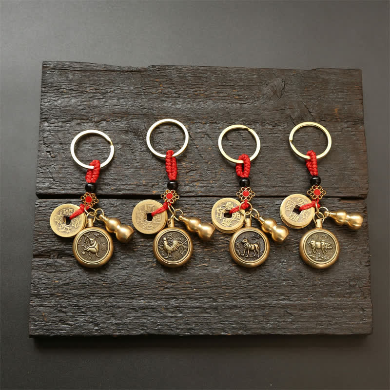 Buddha Stones Copper Chinese Zodiac Five Emperor Coins Red String Wealth Keychains - image 29