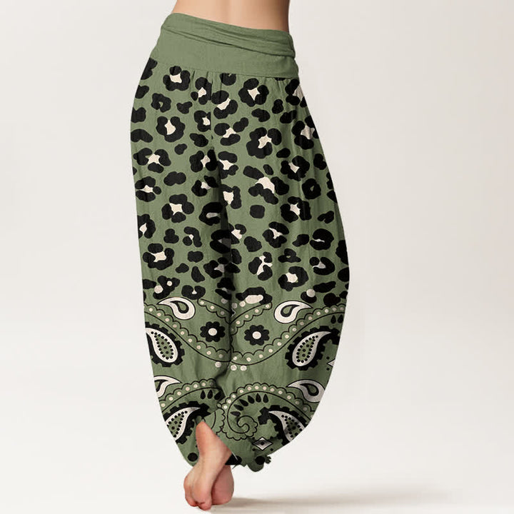 Buddha Stones Cotton Olive Leopard Paisley Pattern Women's Elastic Waist Harem Pants - image 2