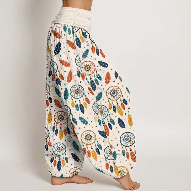 Buddha Stones Cotton Dreamcatcher Feather Pattern Women's Elastic Waist Harem Pants - image 1