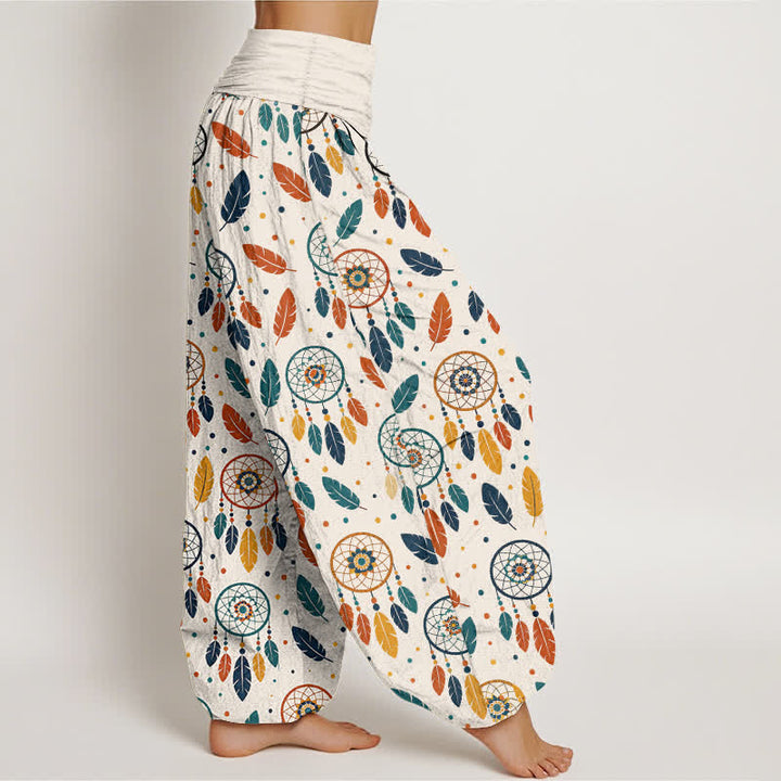 Buddha Stones Cotton Dreamcatcher Feather Pattern Women's Elastic Waist Harem Pants - image 1