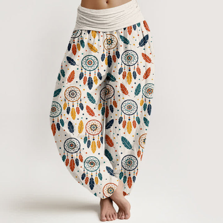 Buddha Stones Cotton Dreamcatcher Feather Pattern Women's Elastic Waist Harem Pants - White - US16，UK/AU20，EU48 (3XL) - image 0