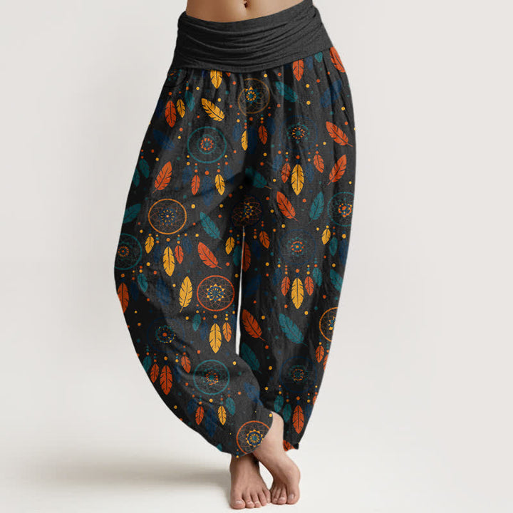 Buddha Stones Cotton Dreamcatcher Feather Pattern Women's Elastic Waist Harem Pants - Black - US16，UK/AU20，EU48 (3XL) - image 8