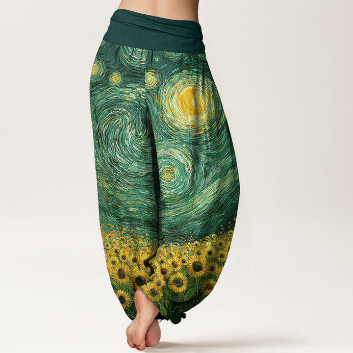 Buddha Stones Cotton Starry Night Sunflower Pattern Women's Elastic Waist Harem Pants - image 7