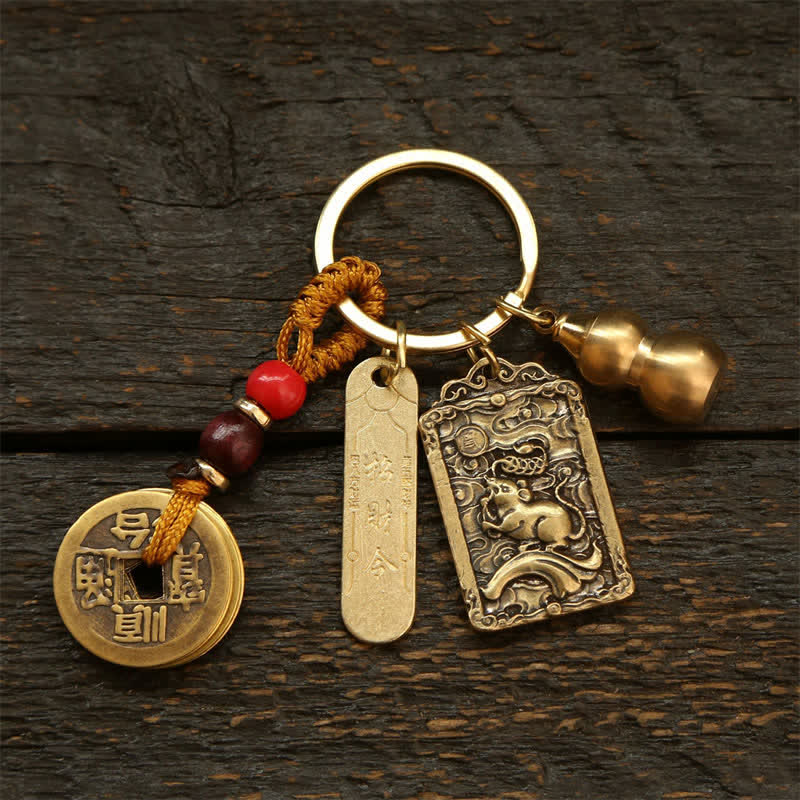 Buddha Stones Copper Chinese Zodiac Five Emperor Coins Gourd Protection Keychains - Rat - image 1