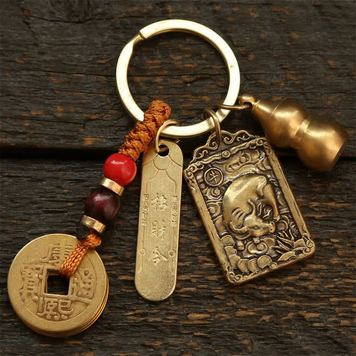Buddha Stones Copper Chinese Zodiac Five Emperor Coins Gourd Protection Keychains - Ox - image 2