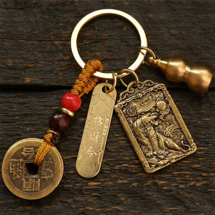 Buddha Stones Copper Chinese Zodiac Five Emperor Coins Gourd Protection Keychains - Tiger - image 3