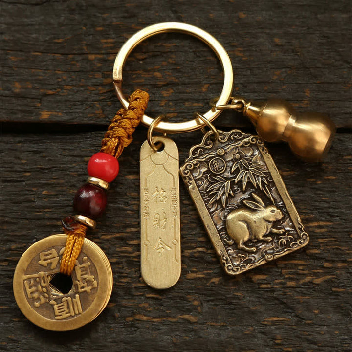 Buddha Stones Copper Chinese Zodiac Five Emperor Coins Gourd Protection Keychains - Rabbit - image 4