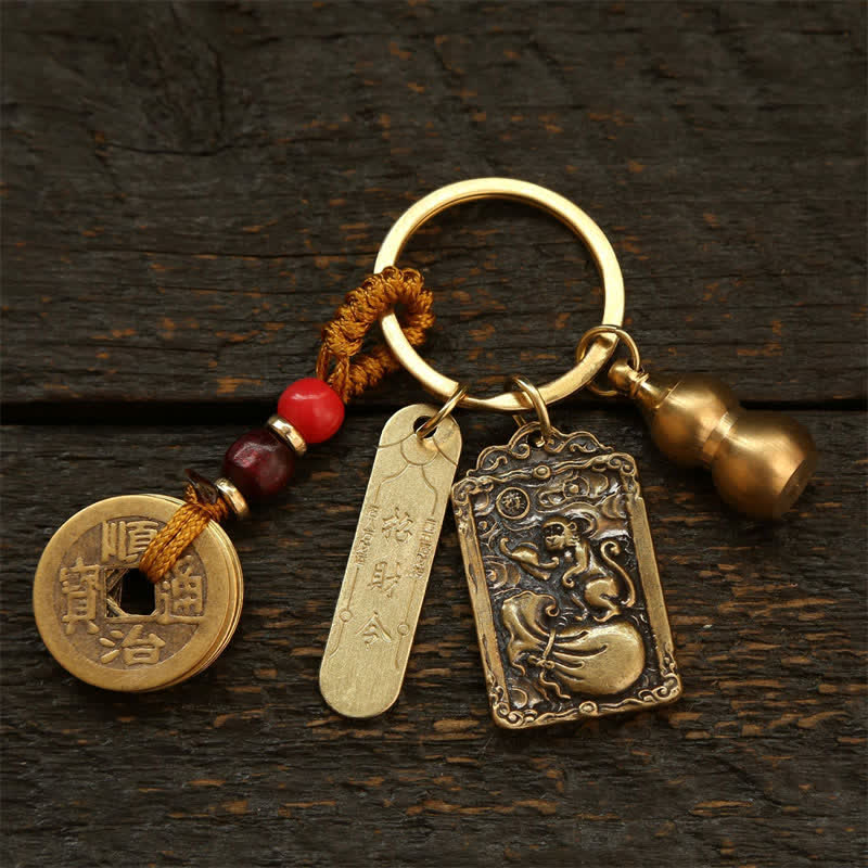 Buddha Stones Copper Chinese Zodiac Five Emperor Coins Gourd Protection Keychains - Monkey - image 17