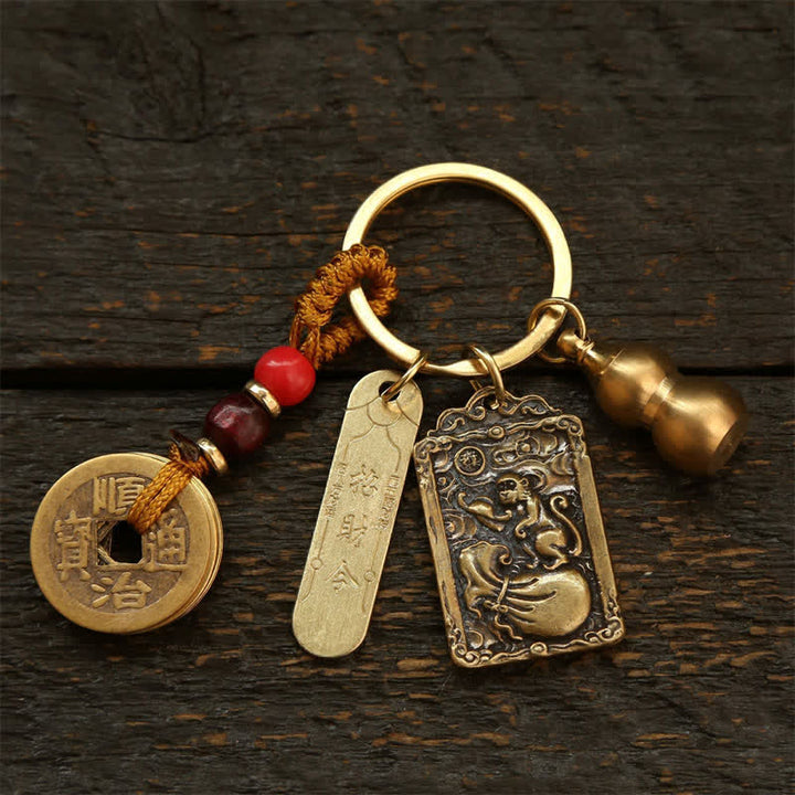 Buddha Stones Copper Chinese Zodiac Five Emperor Coins Gourd Protection Keychains - Monkey - image 17