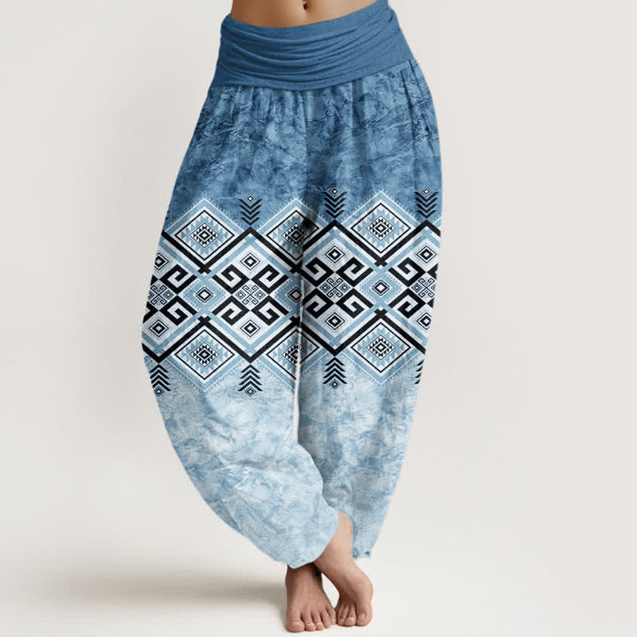 Buddha Stones Cotton Tribal Geometric Pattern Women's Elastic Waist Harem Pants - SteelBlue - US16，UK/AU20，EU48 (3XL) - image 5