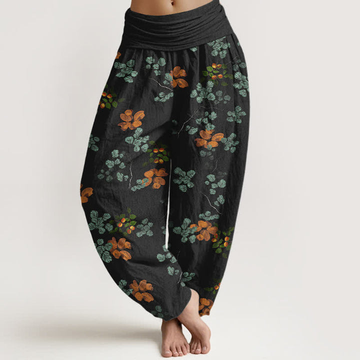 Buddha Stones Cotton Orange Blossom Mint Leaf Pattern Women's Elastic Waist Harem Pants - Black - US16，UK/AU20，EU48 (3XL) - image 0
